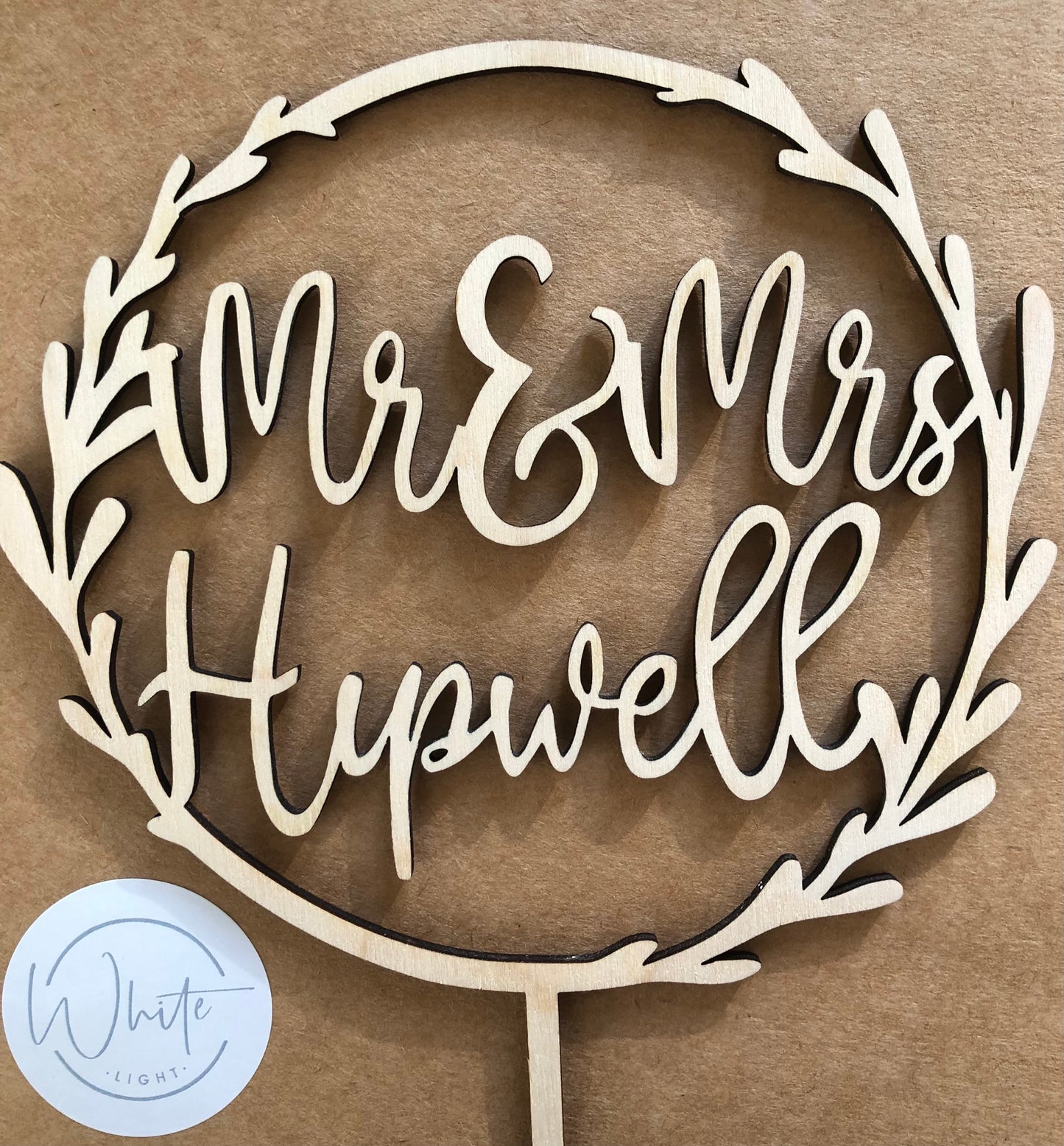 Wooden Mr and Mrs cake topper