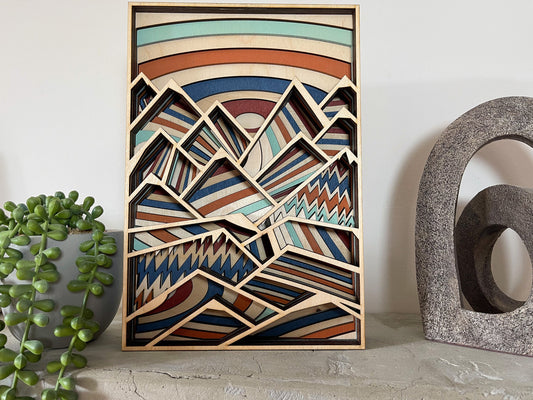 Multi layer mountain scene, wooden art, abstract mountain range,  mountain wall art,