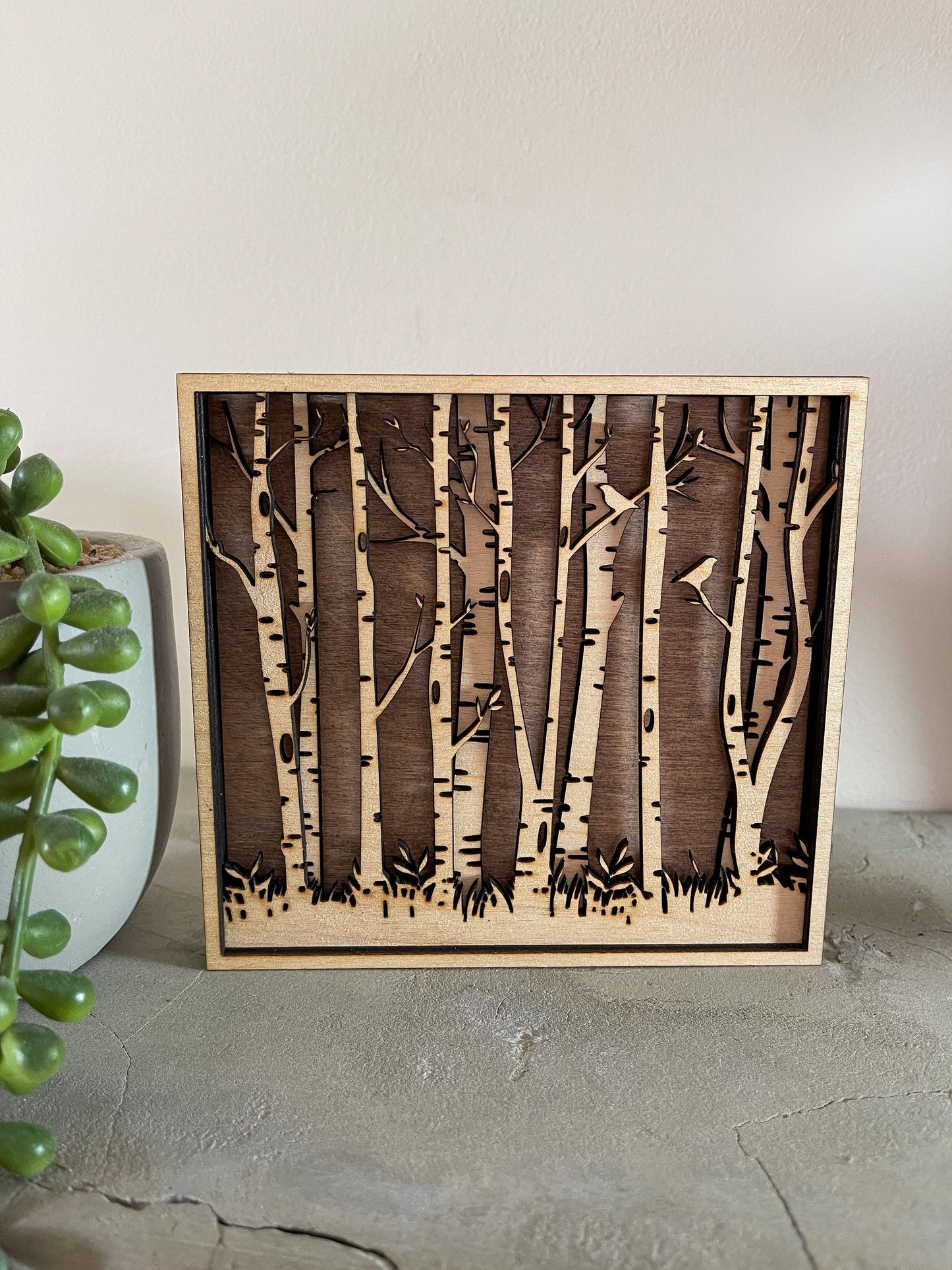 Birch tree wooden artwork, multi layer forest scene, wooden trees, forest wall art, tree wall art, forest decor, tree decor