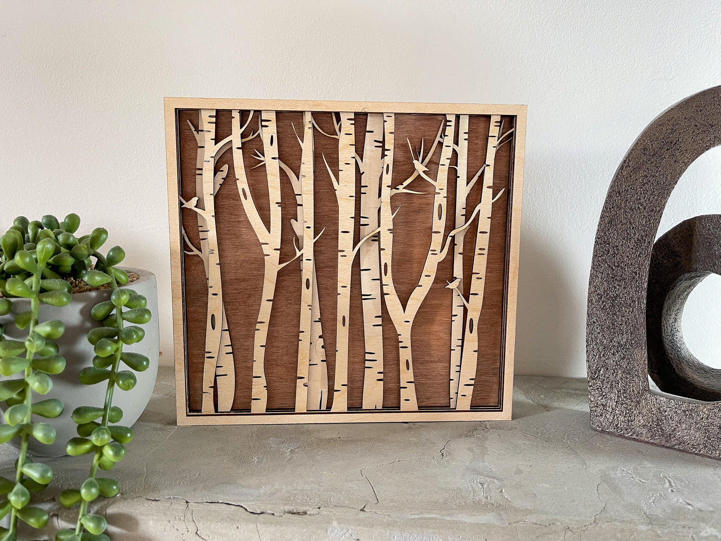 Birch tree wooden artwork, multi layer forest scene, wooden trees, forest wall art, tree wall art, forest decor, tree decor