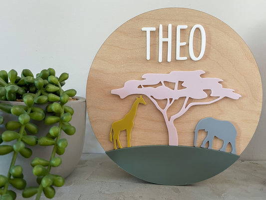 Safari personalised name sign, nursery, child's bedroom plaque, nursery decor, bedroom decor