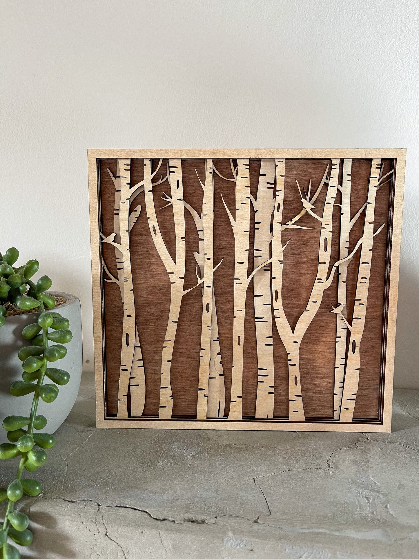 Birch tree wooden artwork, multi layer forest scene, wooden trees, forest wall art, tree wall art, forest decor, tree decor